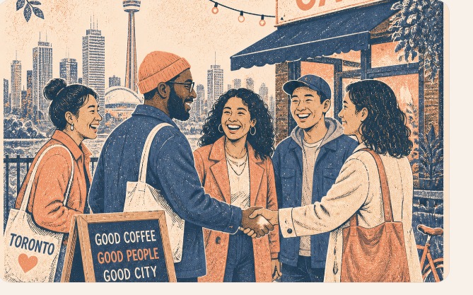 Five neighbours meeting outside a café in Toronto.